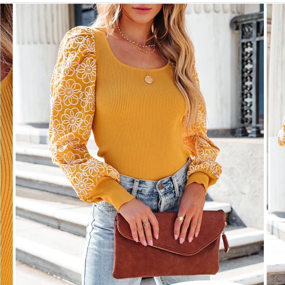 VICI Sold out SUNSHINE DAISIES EMBROIDERED KNIT TOP - MUSTARD